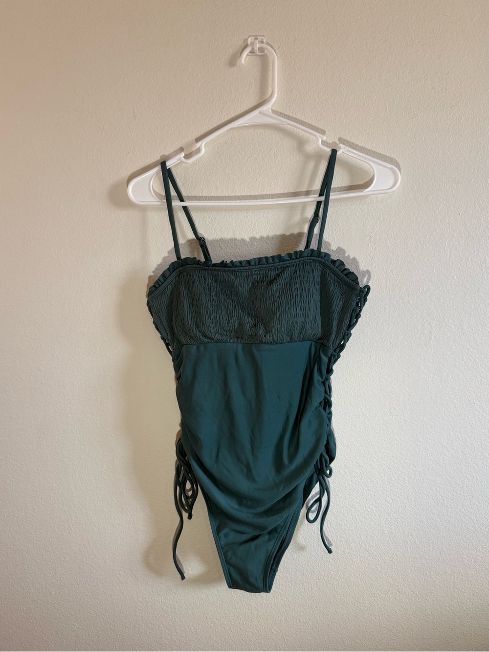 Smocked Dark Green One-Piece Bodysuit with Side Tie Details